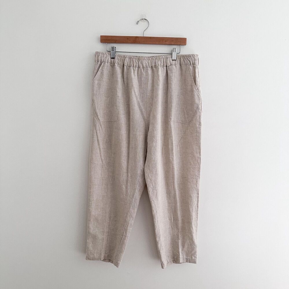 100% Linen Pull On Pants Beige Tapered Leg Elastic Waist Cropped Length Size XL